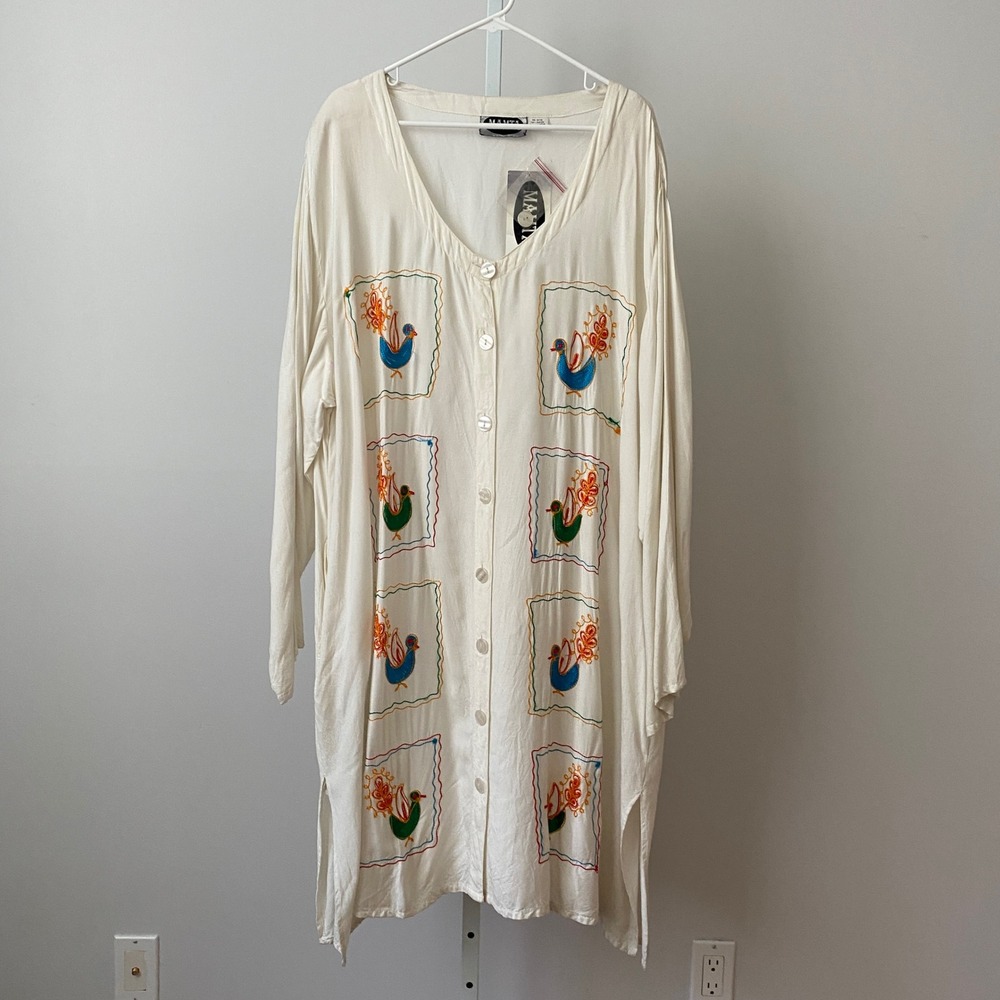 Mamta Rayon Boho Lagenlook Peasant Bird Embroidered Button Tunic Plus Size Ivory